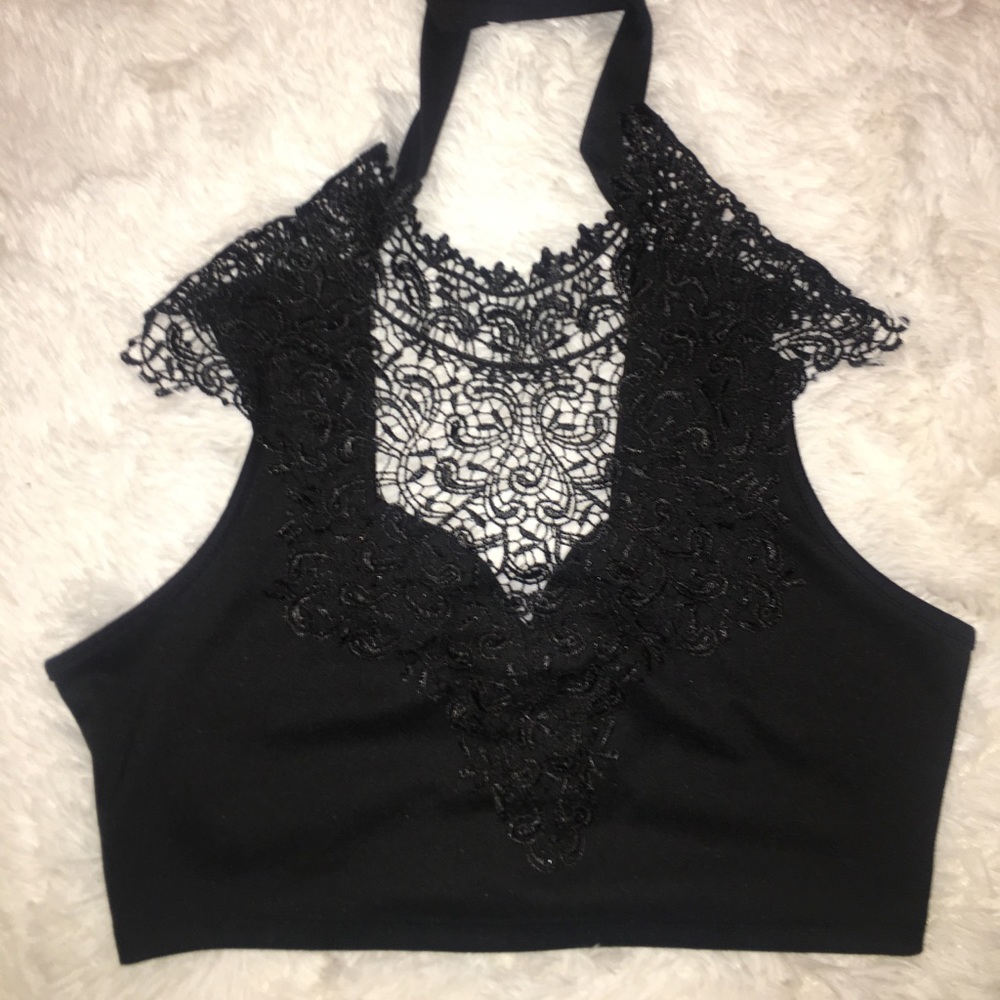 Lace Neck Tie Up Crop Top